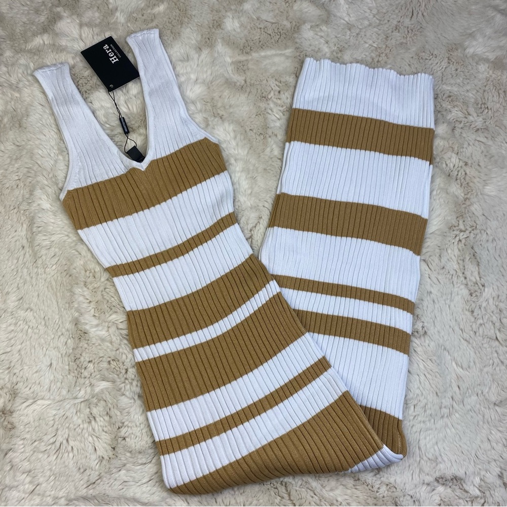 White and Tan Striped Ribbed Dress